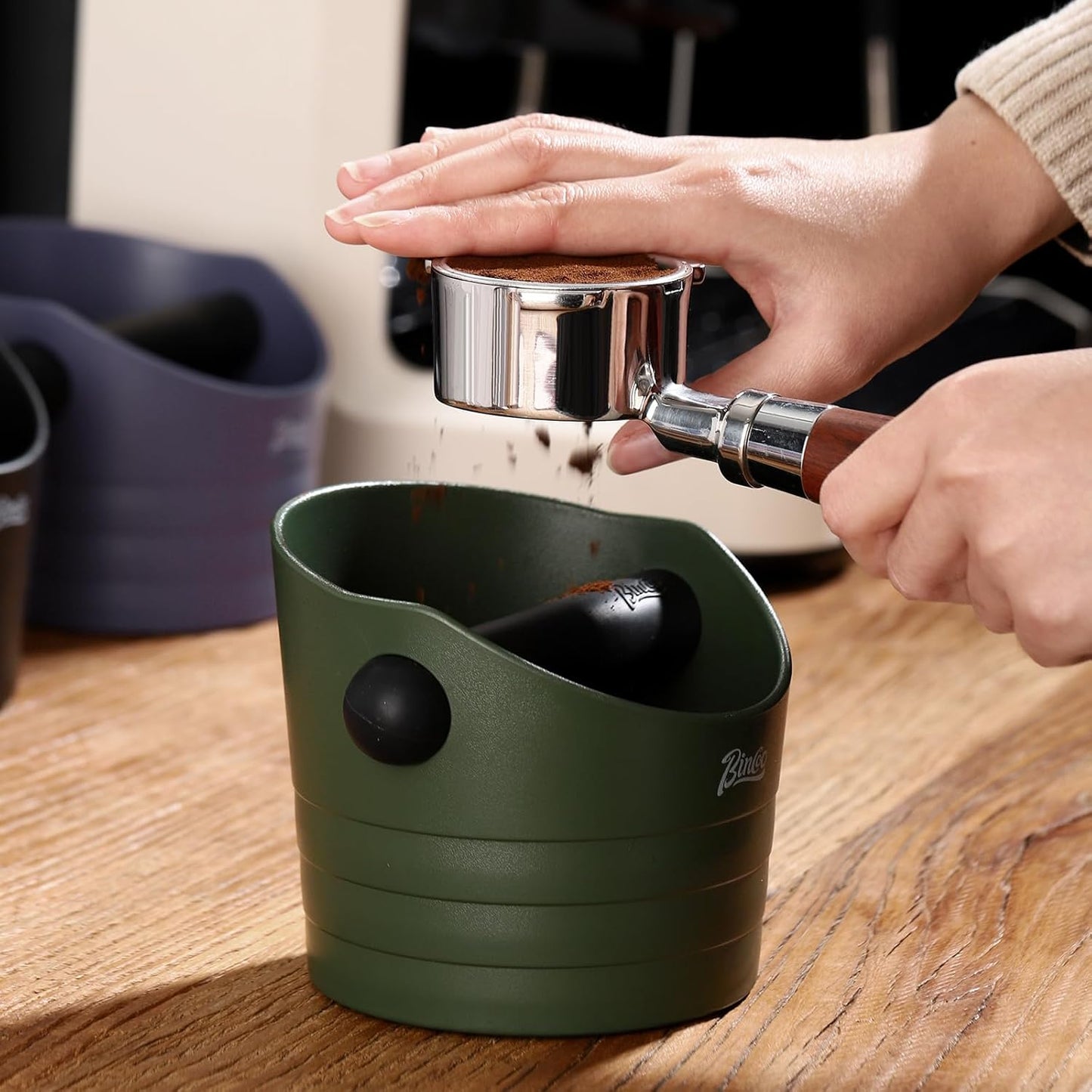 Cute Espresso Knock Box - 4.5 Inch Coffee Ground Knock Box, Espresso Puck Knock Box with Removable Knock Bar and Non-Slip Base (Army Green)