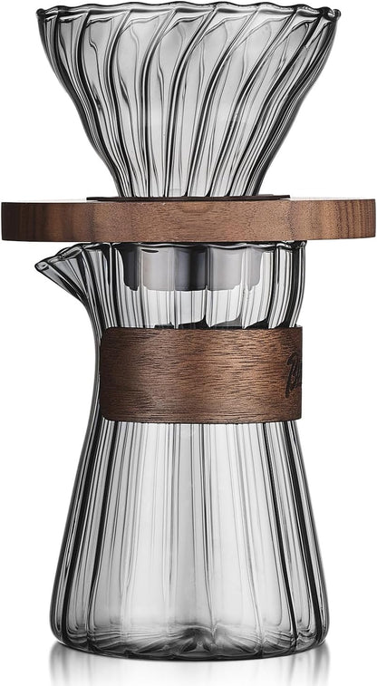 Bincoo GYKF1415 Pour Over Coffee Maker Set - 500ML Glass Coffee Server Coffee Carafe with Walnut Dripper and 50PCS Paper Filter, Drip Coffee Maker Set for Home Café Restaurant