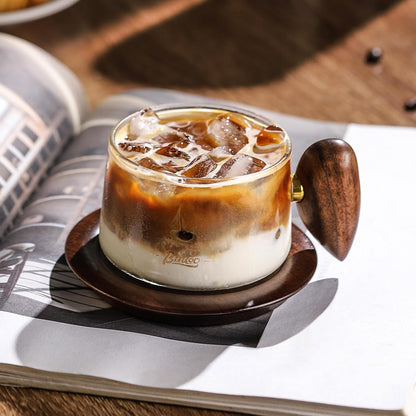 Bincoo Glass Coffee Cups and Saucers Set,250ML Clear Glass Iced Coffee Mug Espresso Cup Tea Cup with Walnut Coaster and Handle (Clear)