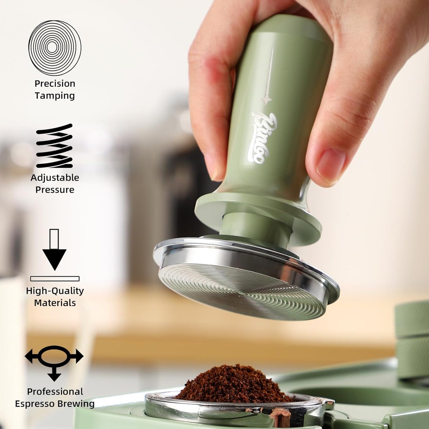 Coffee Tamper 58mm - Bincoo Green Romantic Espresso Coffee Tamper with Calibrated Spring Loaded, 100% Flat Stainless Steel Base, Espresso Accessories, Adjustable Depth.