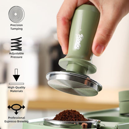Coffee Tamper 58mm - Bincoo Green Romantic Espresso Coffee Tamper with Calibrated Spring Loaded, 100% Flat Stainless Steel Base, Espresso Accessories, Adjustable Depth.