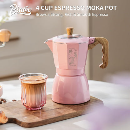 Bincoo Pink Espresso Maker Stovetop - Classic Aluminum Italian Coffee Maker,4 Cups Moka Pot for Italian and Cuban Café Brewing, Double Valve Extraction (Pink, 4 Cups)