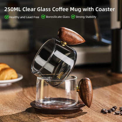 Bincoo Glass Coffee Cups and Saucers Set,250ML Clear Glass Iced Coffee Mug Espresso Cup Tea Cup with Walnut Coaster and Handle (Clear)