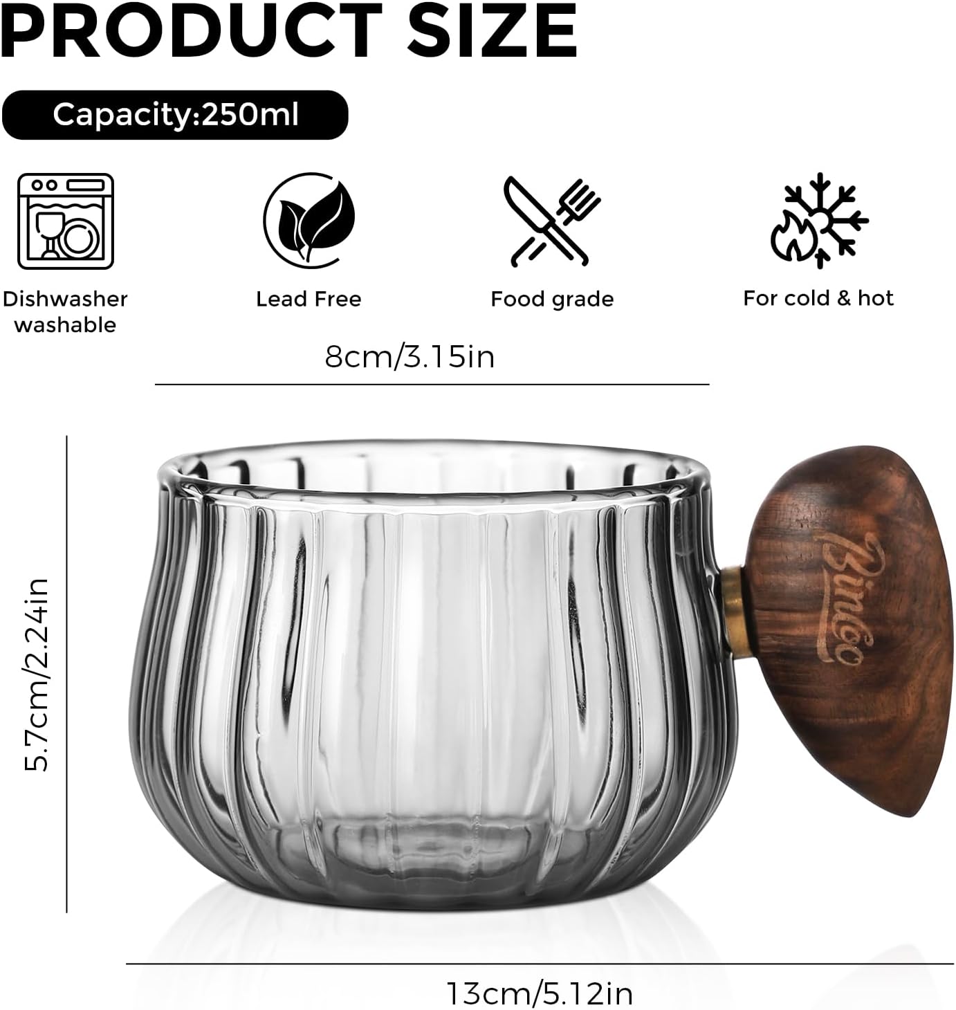 Bincoo GYJ60366 Iced Coffee Cups Set of 2,Clear Glass Coffee Mug Set Latte Glasses,250ml Cappuccino Mugs Espresso Coffee Cups with Handle (Gray)