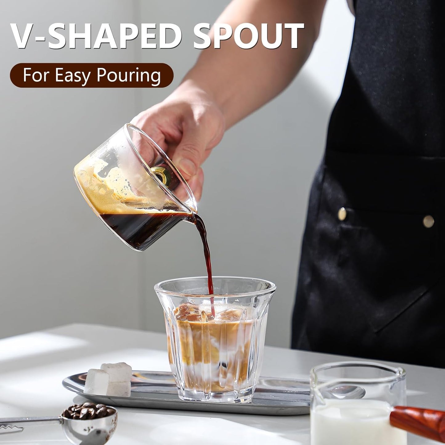 Espresso Shot Glasses with Wood Handle - 120ml Glass Coffee Bean Dosing Cup with Dual Spout,Clear Espresso Measuring Cup Glass for Barista Coffee Measure
