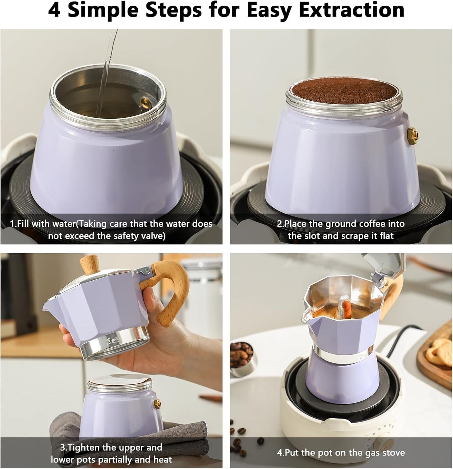 Bincoo Espresso Maker Stovetop,Camping Moka Pot 2 Cup/120ML,Stove Top Espresso Italian Coffee Maker,Easy to Use (White)
