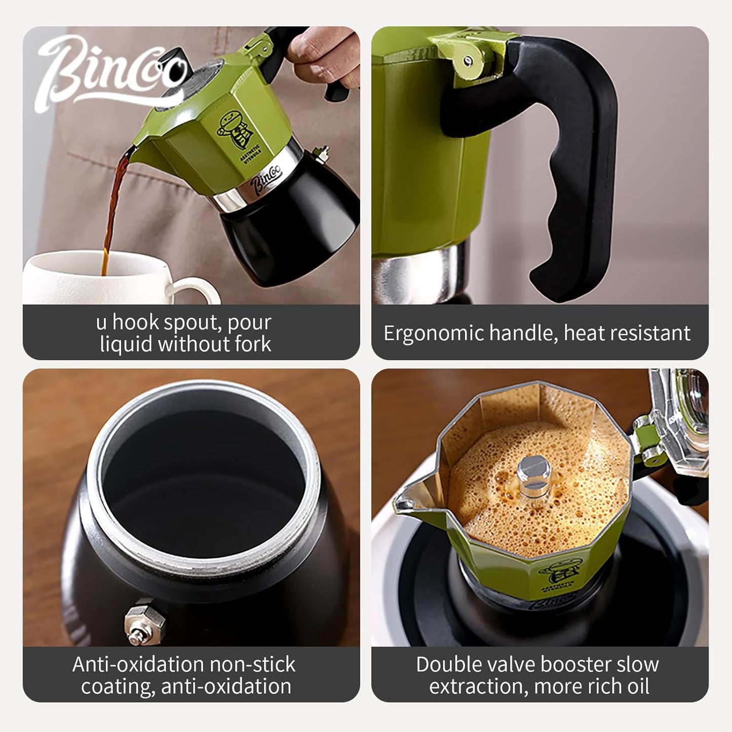 Upgraded Moka Pot with Double Valves - 2X Richer Crema, Stronger Pressure Than Single Valve - Stovetop Espresso Maker for Rich Italian Coffee, 2 Espresso Cup (Blackgreen)