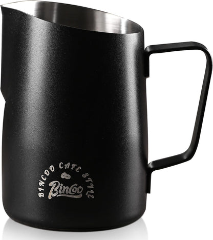 Milk Frothing Pitcher, 20OZ/600ML Stainless Steel Espresso Steaming Pitcher Coffee Milk Frother Cup with Handle and Scale (Black)