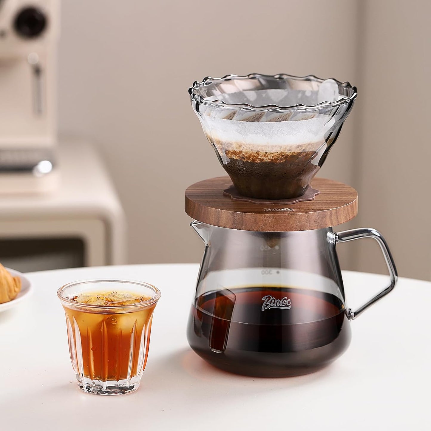 Bincoo Pour Over Coffee Maker Set - 600ML Glass Drip Coffee Pot,Coffee Server Set with Glass Dripper and 50PCS Paper Filter