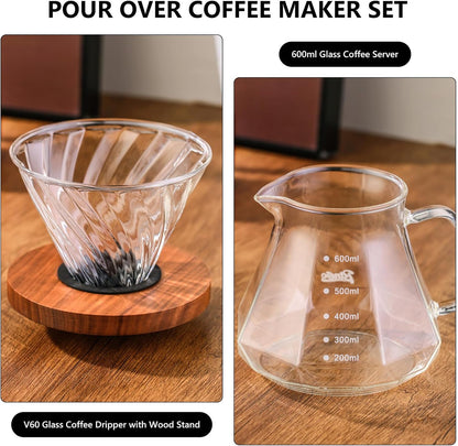 Pour Over Coffee Maker Set - Borosilicate Glass Dripper with Walnut Handle & Glass Lid, 50 pcs V60 Paper Filters Included - 600ml Pour Over Coffee Dripper for Home, Café, & Camping (Transparent)