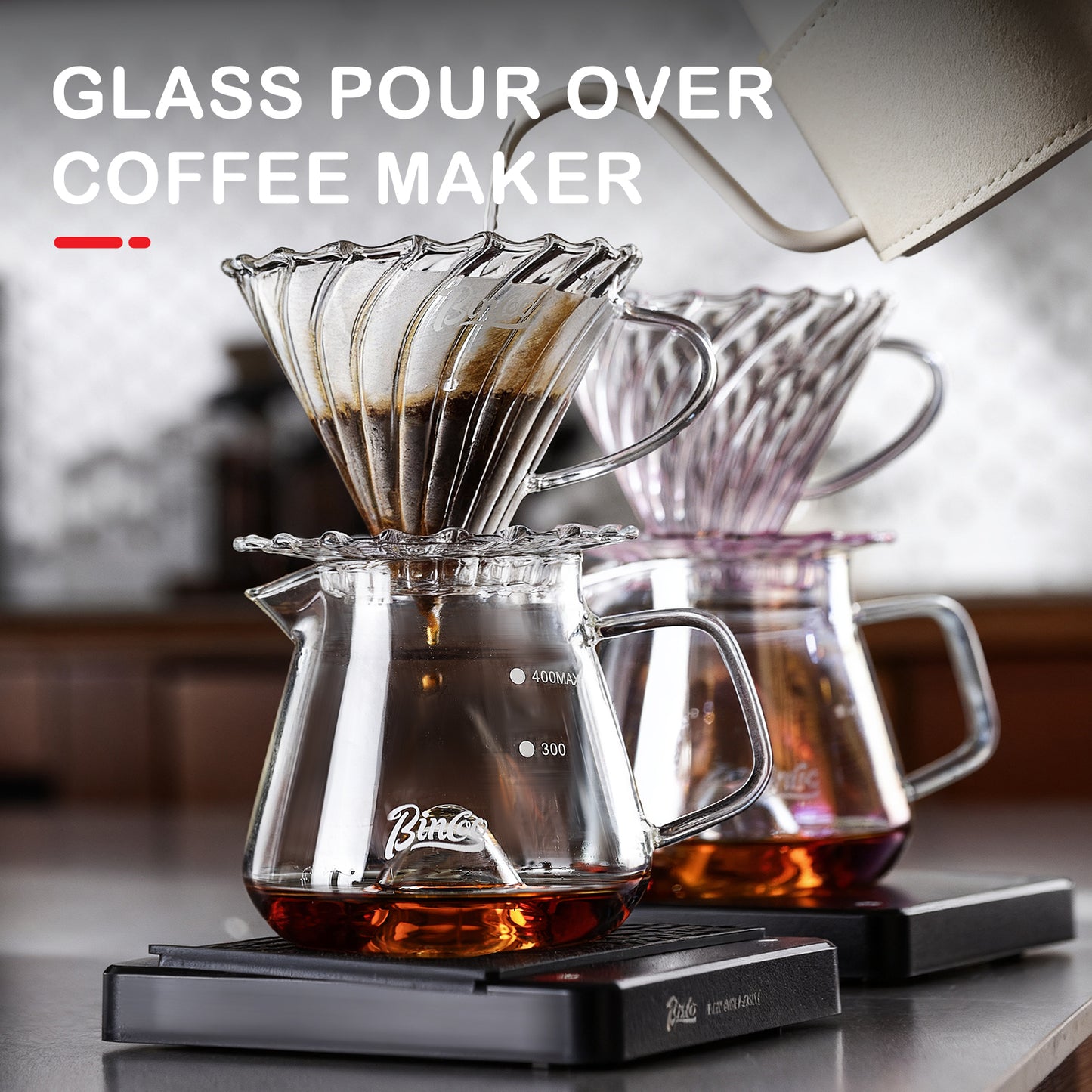 Bincoo GYKF2269 Glass Coffee Server 400ml,Heat-Resistant Borosilicate Glass Coffee Carafe with Drip-Free Spout Clear Pitcher for Hot & Cold Beverages,Easy to Clean,Dishwasher Safe(Colorful)