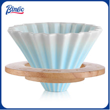 Bincoo GYKF1990 Ceramic Coffee Dripper,Pour Over Coffee Dripper with Wood Stand, Flower-shape for 1-2 Cups Slow Brewing Maker for Home Cafe (Pink)