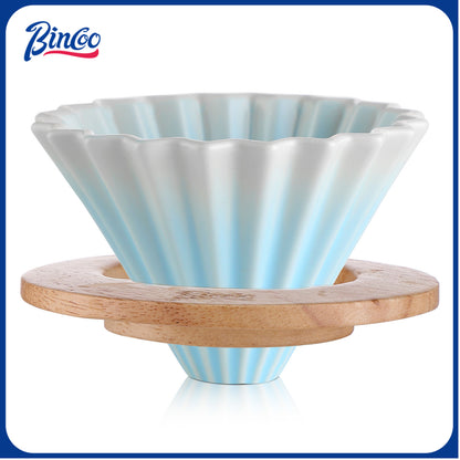 Bincoo GYKF1990 Ceramic Coffee Dripper,Pour Over Coffee Dripper with Wood Stand, Flower-shape for 1-2 Cups Slow Brewing Maker for Home Cafe (Pink)