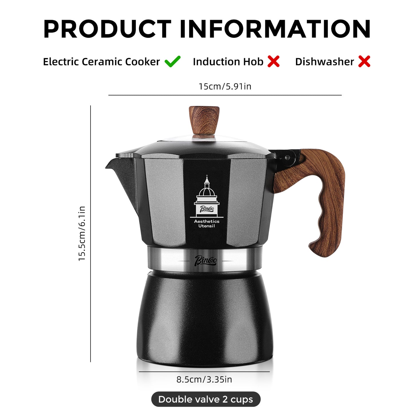 Bincoo Stovetop Espresso Maker,Classic Aluminum Italian Coffee Maker,2Cups Moka Pot for Italian and Cuban Café Brewing, Double Valve Extraction (White-Black, 2 Cups)