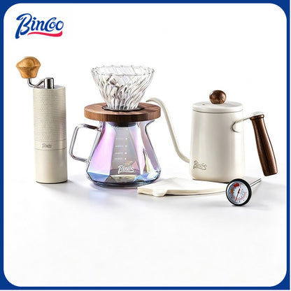 BINCOO Pour‑Over Coffee Set with Manual Coffee Grinder, Glass Server & Glass Dripper with Wooden Holder, Coffee Brewing Kit