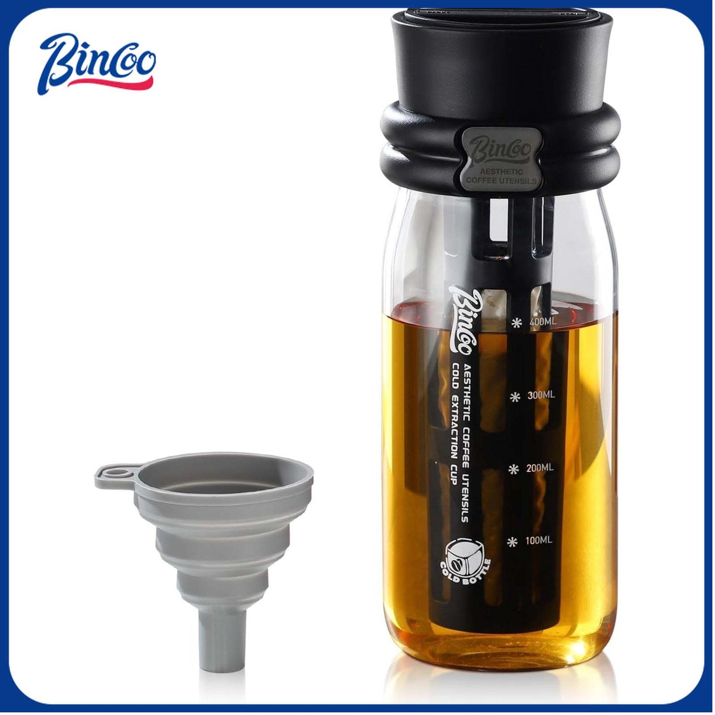 Bincoo GYKF2013 Borosilicate Glass Cold Brew Coffee Maker-600ml,Leak-Proof,Cold Brew Bottle with Fine Mesh Filter & Silicone Funnel,Multi-Functional for Coffee & Fruit Tea (Black)