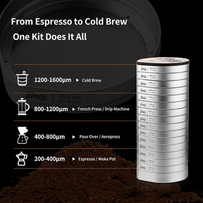 Bincoo Coffee Sifter 850μm Professional Coffee Sieve Calibration Set, Grind Sieves to Precisely Measure for Pour Over, Calibrate Your Grinder for Consistent Particle Size (15 Sizes: 200–1600μm)