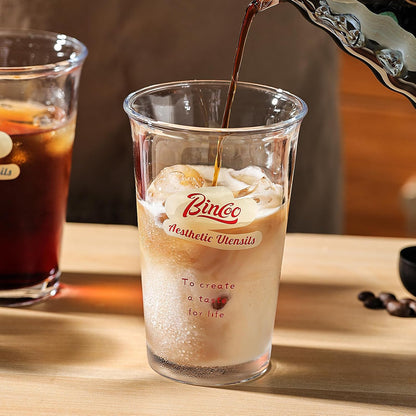 Bincoo Glass Iced Coffee Cups Set of 2 - Drinking Glasses Set 380ML, Clear Heavy Base Tall Beer Glasses, Water Glasses, Bar Glass, Wine, Juice, Iced Tea