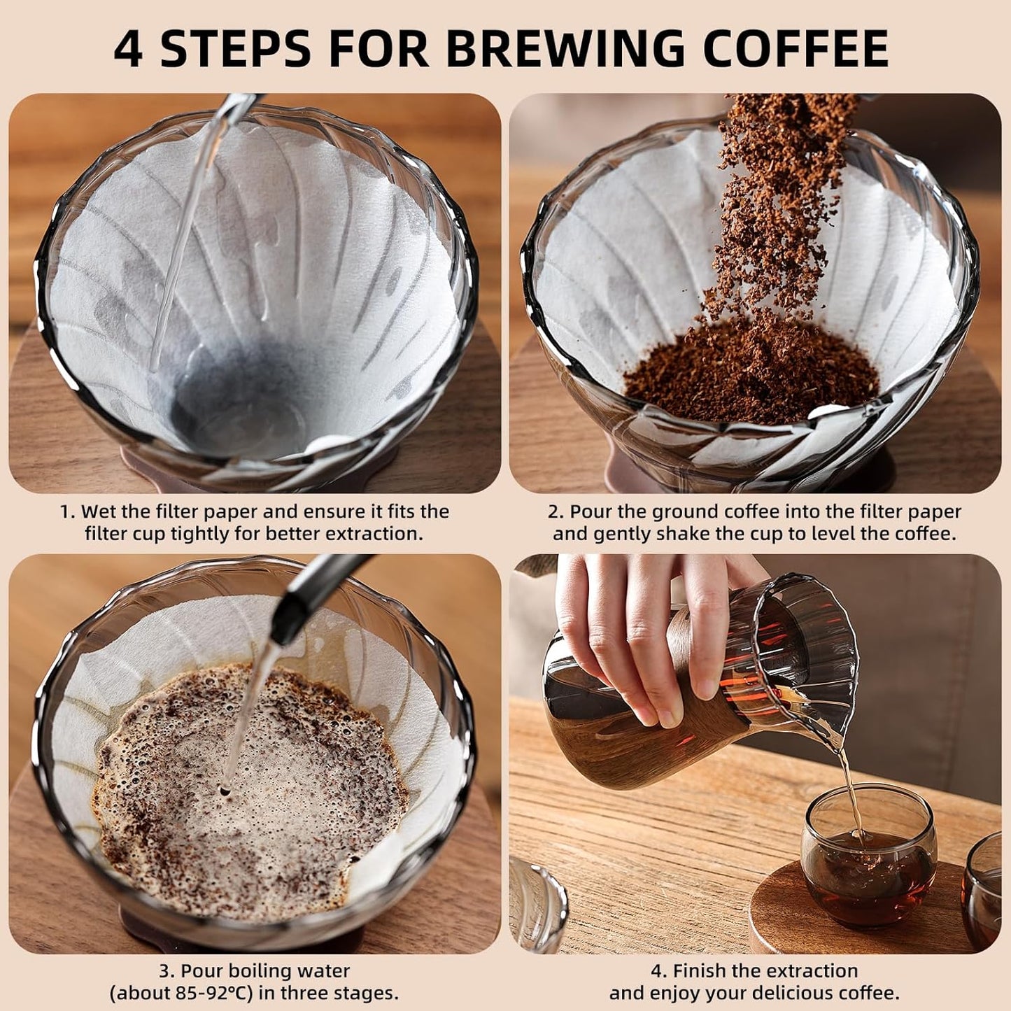 Bincoo GYKF1415 Pour Over Coffee Maker Set - 500ML Glass Coffee Server Coffee Carafe with Walnut Dripper and 50PCS Paper Filter, Drip Coffee Maker Set for Home Café Restaurant