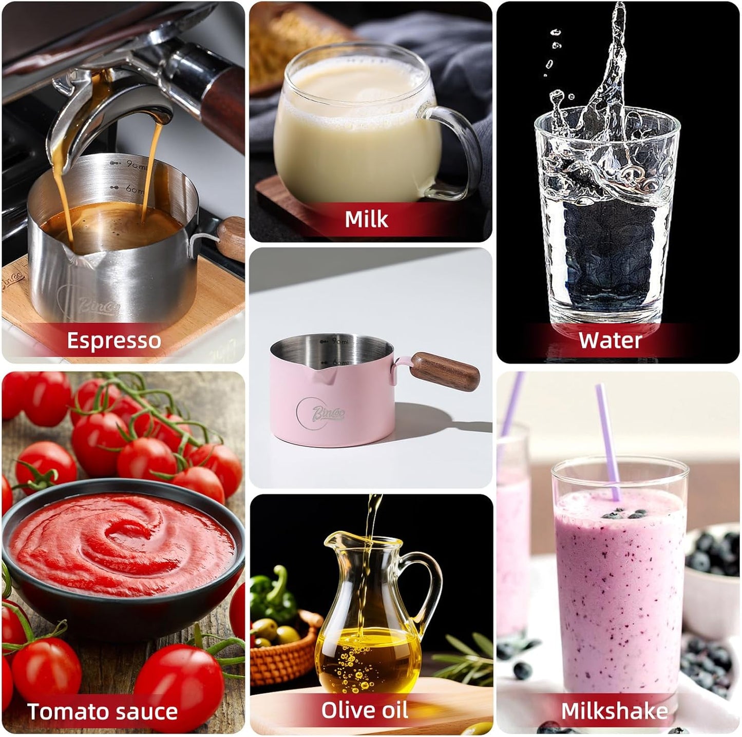 Bincoo GYKF2244 Espresso Shot Cup with Wood Handle,100ML Stainless Steel Espresso Measuring Cup Pouring Cup for Coffee Machine, Home, Barista