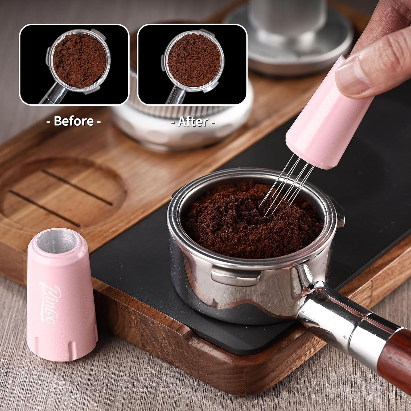Pink WDT Tool - WDT Espresso Distribution Tool with Stand,Espresso Stirrer Tool for Barista, Stainless Steel 8 Needles 0.4mm,Aluminum Alloy Handle