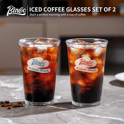 Bincoo Glass Iced Coffee Cups Set of 2 - Drinking Glasses Set 380ML, Clear Heavy Base Tall Beer Glasses, Water Glasses, Bar Glass, Wine, Juice, Iced Tea