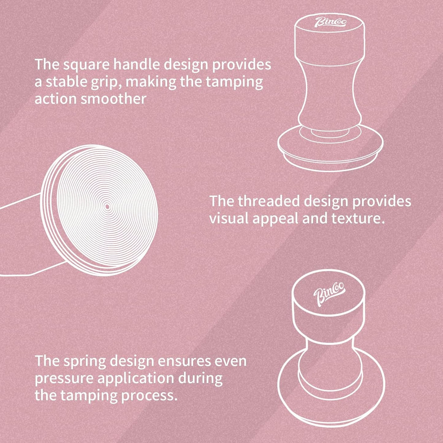 Bincoo 58mm Coffee Tamper Pink Color Premium Espresso Coffee Tamper with Calibrated Spring Loaded Flat Stainless Steel Base, Constant 30lb Espresso Machine Accessories