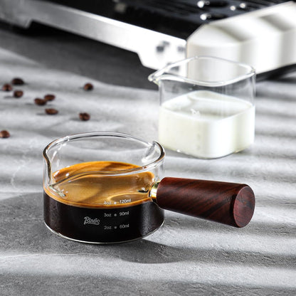 Espresso Shot Glasses with Wood Handle - 120ml Glass Coffee Bean Dosing Cup with Dual Spout,Clear Espresso Measuring Cup Glass for Barista Coffee Measure