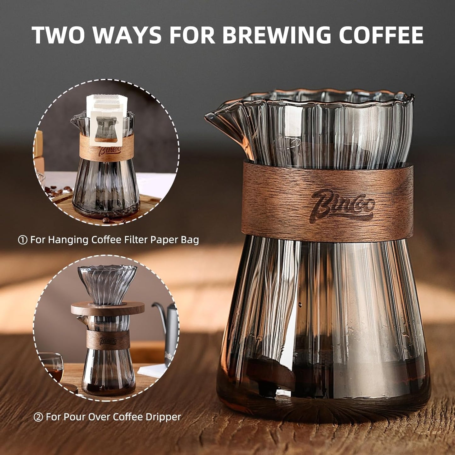 Small Glass Coffee Server Set of 2 - Manual Pour Over Coffee Maker 16oz, Borosilicate Glass Coffee Carafe with Heat-Resistant Wood Ring,2 Pack