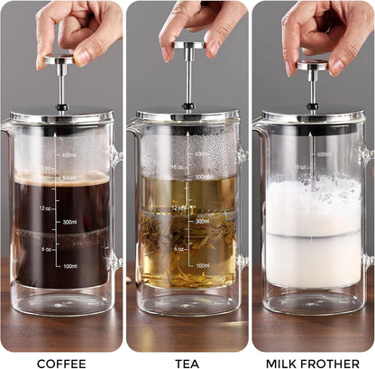 Bincoo KJ-68307 French Press Coffee Maker 600ML,Double Wall Insulated Borolicate Glass French Press for Tea and Frothed Milk Press
