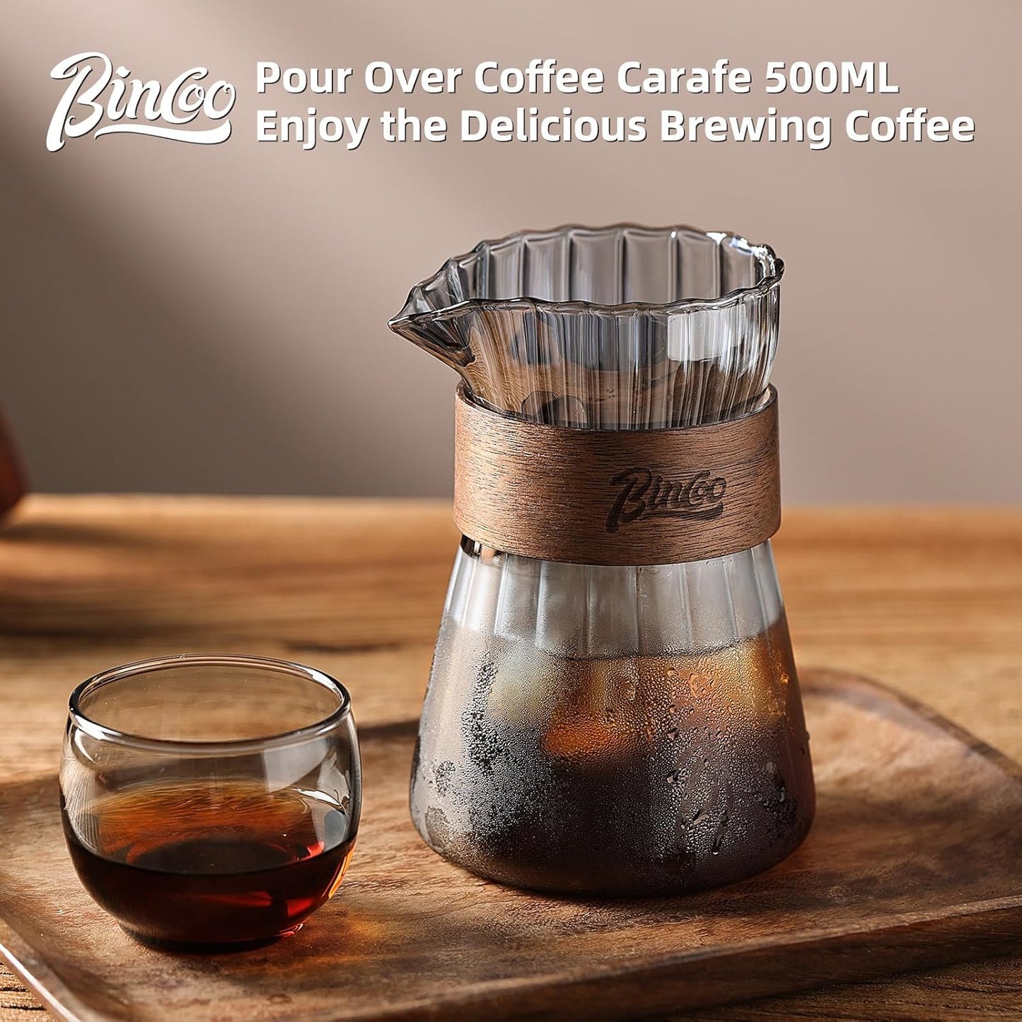 Small Glass Coffee Server Set of 2 - Manual Pour Over Coffee Maker 16oz, Borosilicate Glass Coffee Carafe with Heat-Resistant Wood Ring,2 Pack