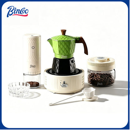 BINCOO Double Valve Pressurized Moka Pot with Electric Heater Stove Portable Manual Coffee Grinder for Home & Camping 2Cups