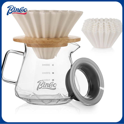 Bincoo GYKF0705 400ML Pour Over Coffee Maker Set with Filter Paper, Ceramic Coffee Dripper with Wood Stand Set for 1-2 Cups - Professional Brewing Tools for Home Office (White)