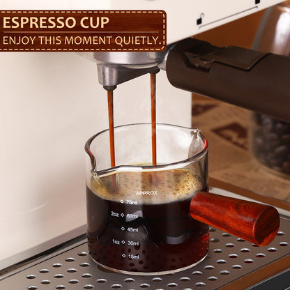 Bincoo GYKF0141 100ML Espresso Shot Glass with Wood Handle - Double Spout Measuring Cup for Perfect Latte Art, Dishwasher Safe, Easy-Pour Design (OZ/ML Markings)