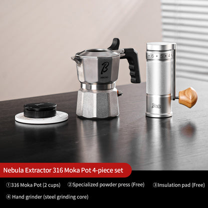 Bincoo Nebula 316 Stainless Steel Moka Pot Coffee Set, 2 Cup Stovetop Espresso Maker with Manual Coffee Grinder