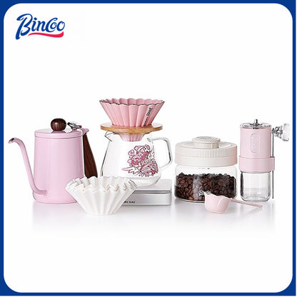 BINCOO Pink Hand Brewing Coffee Set with Manual Grinder Home Coffee Maker Compact Complete Pour-Over Coffee Set