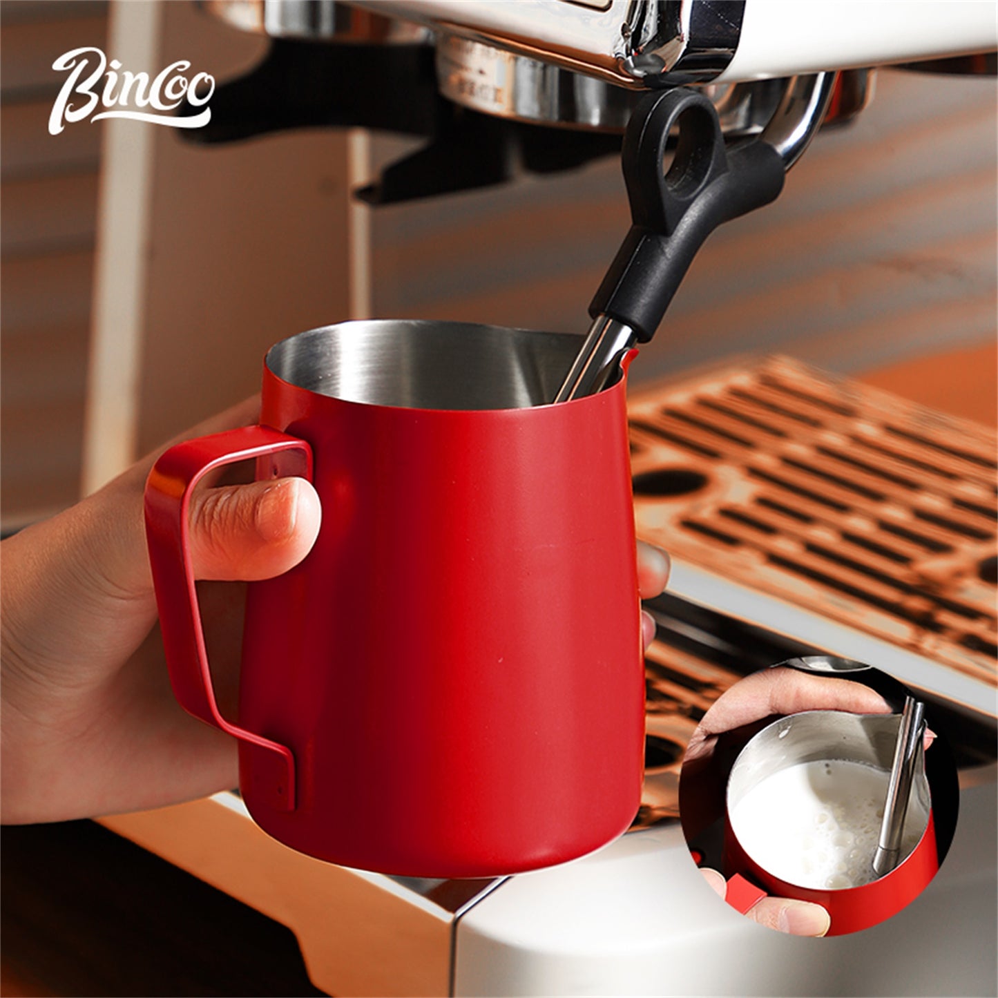 Bincoo GYKF0675 Professional 12oz Milk Frothing Pitcher for Latte Art, 304 Stainless Steel Espresso Steaming Jug with Ergonomic Handle & Sharp Spout, Perfect for Beginners & Baristas