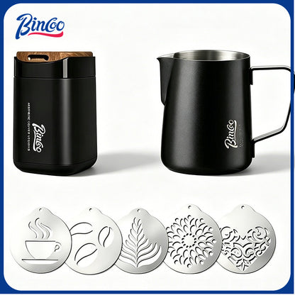 BINCOO Duster with Latte Art Stencils Stainless Steel Milk Pitcher Set Coffee Powder Sifter Baking & Coffee Decorating Tools Latte Art Templates