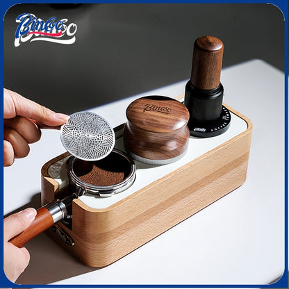 BINCOO Coffee Solid Wood Powder Press Base Espresso Machine Handle Filling Base Set Cloth Powder Dispenser and Tamper Set 51MM/58MM