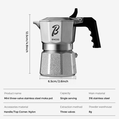 Bincoo GYKF2332 Italian Moka Pot 1 Cup - Stovetop Espresso Maker for Rich Coffee,316 Stainless Steel - Three-Valve Pressure Boosting Design