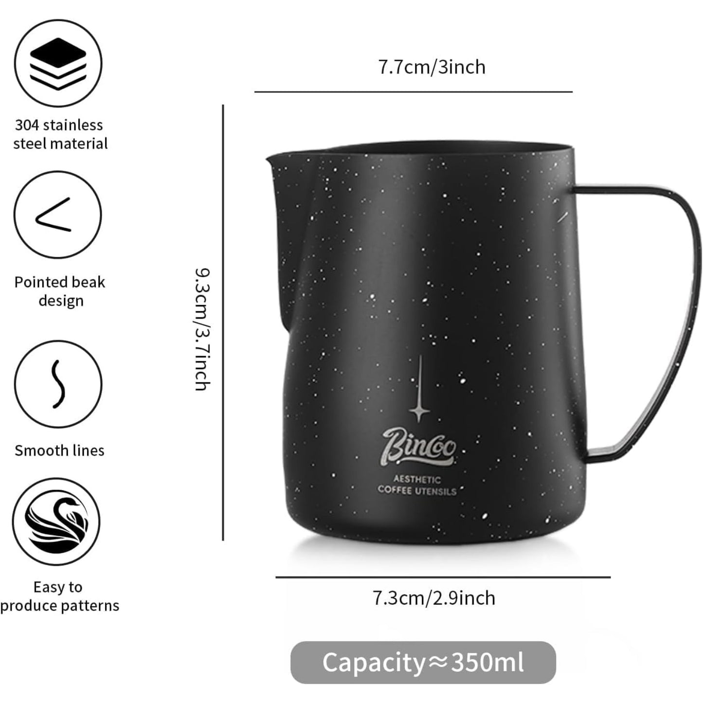 Bincoo Star Milk Frothing Pitcher 12oz,Espresso Steaming Pitcher,Espresso Machine Accessories,Milk Frother cup,Milk Coffee Cappuccino Latte Art,Stainless Steel Jug Cup.(Black 12oz)