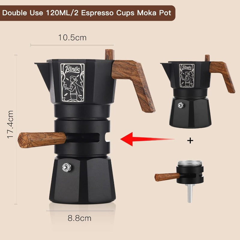 Bincoo GYKF0540 120ML/2 Cup Stovetop Espresso Maker Double Valve Moka Pot with Thermostat Extractor,Italian Espresso Moka Pot with Powder Dispenser and Filter Paper for Home(Black)
