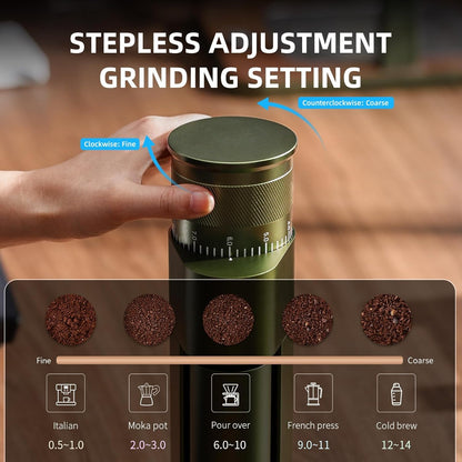 Bincoo DM09 Electric Coffee Grinder with CNC Steel Burr,Stepless Adjustable Settings Coffee Bean Grinder, Compact Design, Quiet Operation – For Espresso,Pour Over,French Press(Green)