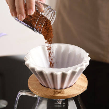 Bincoo GYKF1990 Ceramic Coffee Dripper,Pour Over Coffee Dripper with Wood Stand, Flower-shape for 1-2 Cups Slow Brewing Maker for Home Cafe (Pink)