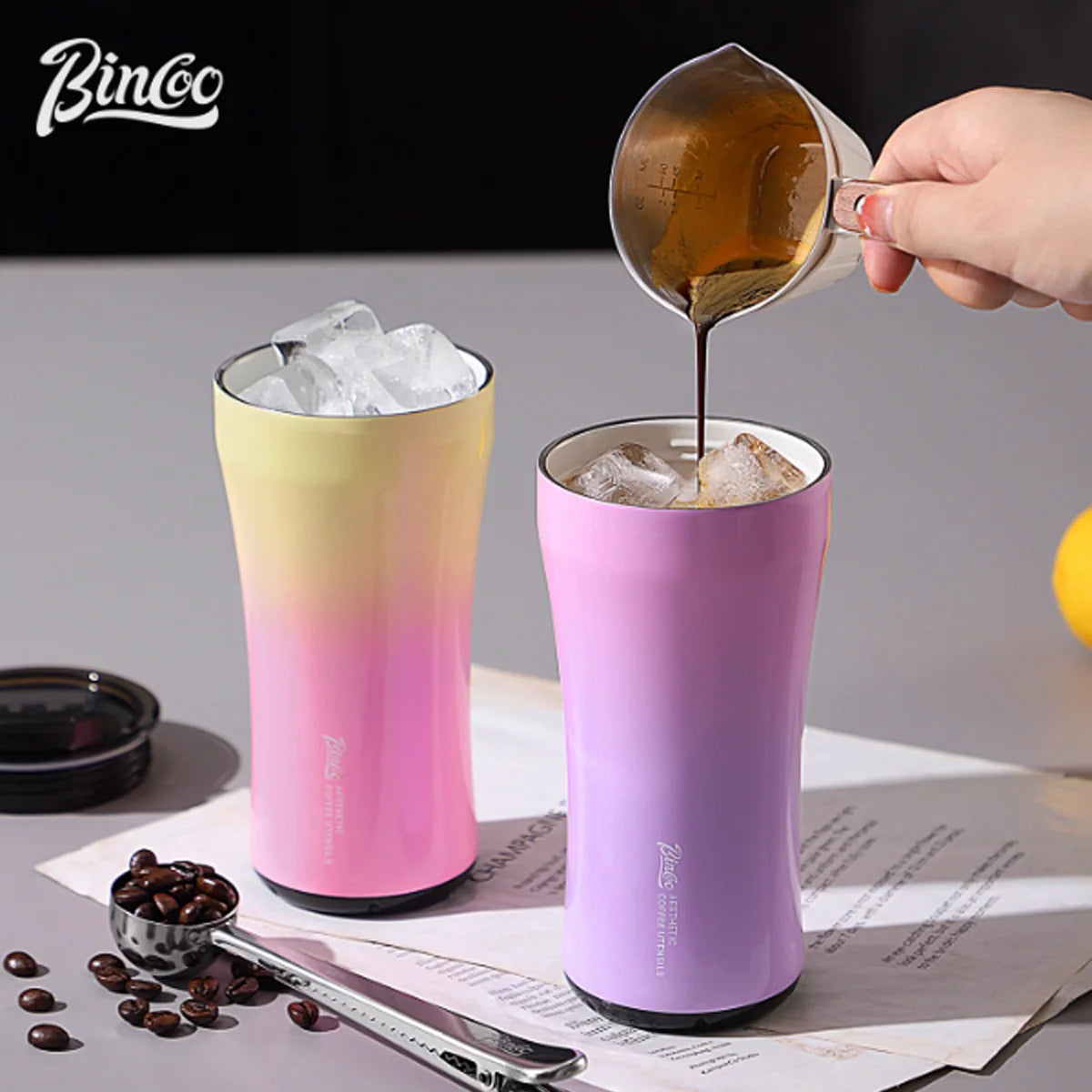 BINCOO 380ML 316 Stainless Steel Coffee Cup, Car Thermos Mug, Leak_Proof Double Wall Ceramic Inner Liner Vacuum Insulated Cups