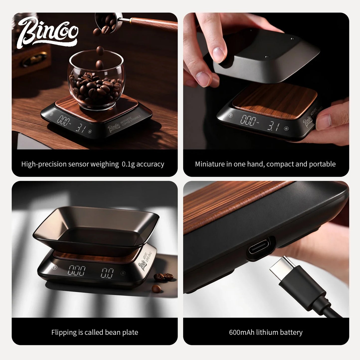 Bincoo Professional Coffee Scale Mini Size 2 Working Modes Black  High Precision 0.1g Accuracy for Espresso and Pour Over