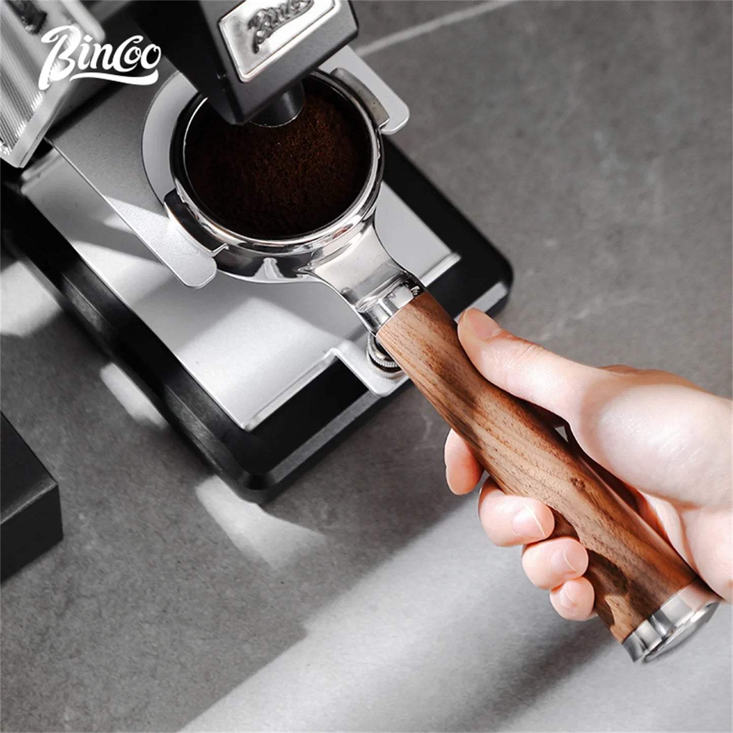 Bincoo Aroma Bottomless Portafilter, Walnut 58mm Universal, Espresso Machine Upgrade, Open Design Fits Delonghi Dongling