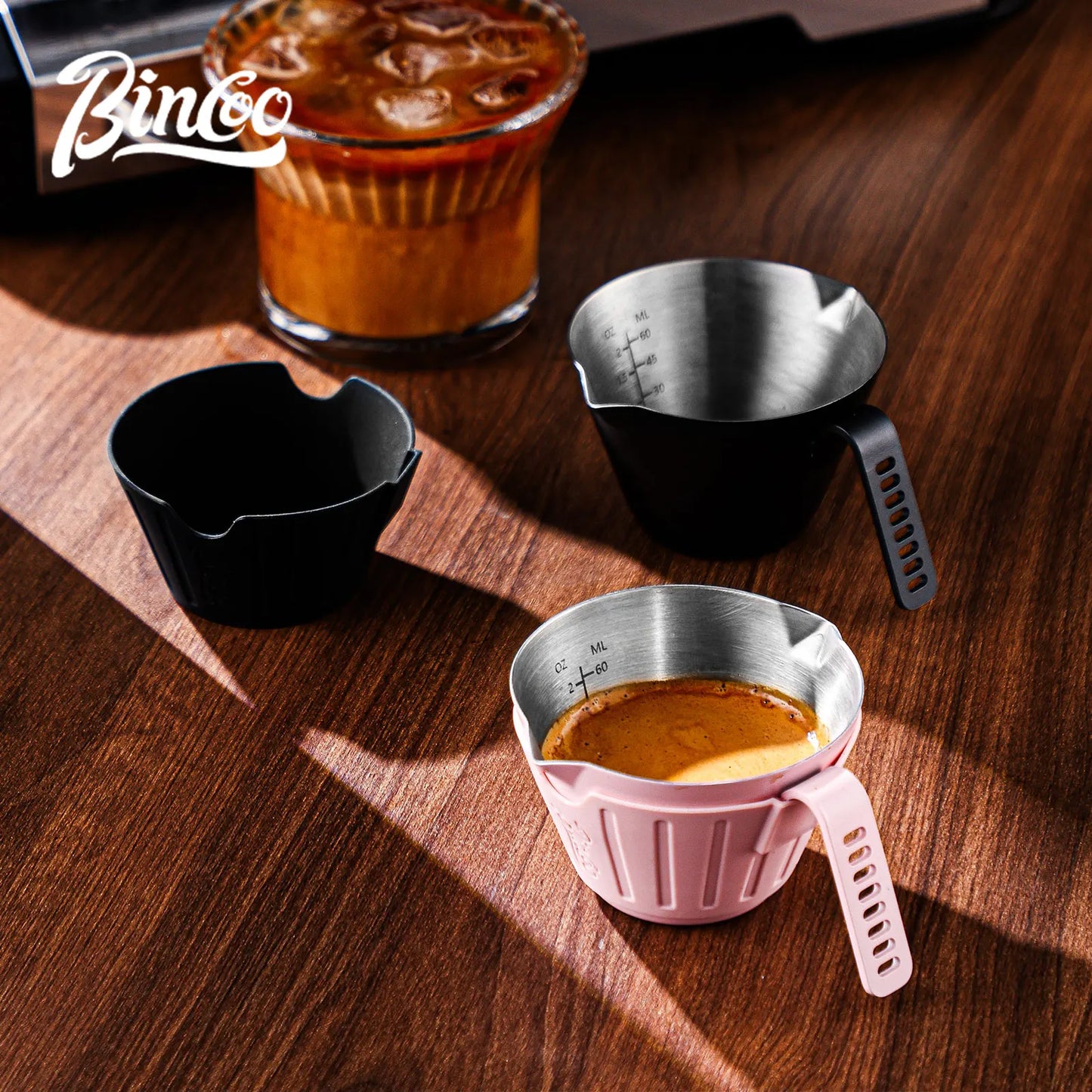 Bincoo 304SS Espresso Shot Glass with Silicone Sleeve 90ml Dual Spout Open Handle Measuring Cup for Coffee Extraction