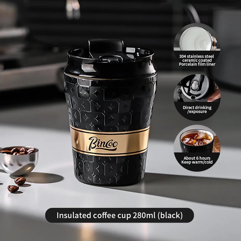 BINCOO 280/500ml Portable Coffee Thermos Cup Double Layered Ceramic Inner Wall Stainless Steel Car Travel Leak-proof Coffee Mugs