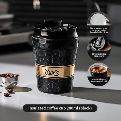 BINCOO 280/500ml Portable Coffee Thermos Cup Double Layered Ceramic Inner Wall Stainless Steel Car Travel Leak-proof Coffee Mugs